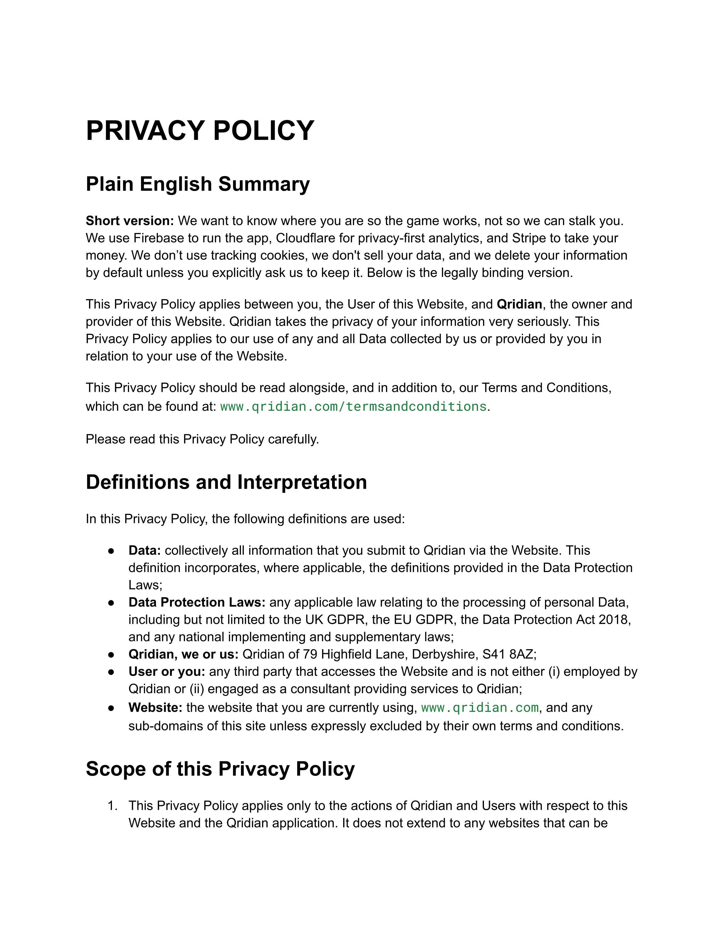 QRidian Privacy Policy Page 1